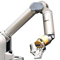 An articulated robot arm pointing down with a gold wrist attached to three fingers, bent and fanned out against a white background.
