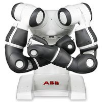 A dextrous two-armed collaborative robot with a white torso. It's two powerful arms are folded in front of each other. Red letters on the base say ABB.
