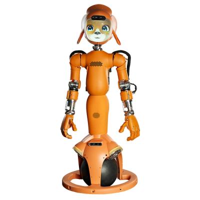 An orange humanoid robot, with two large pointed ears and an animal face displayed on a screen. It's lower half is a black ball that it balances on.