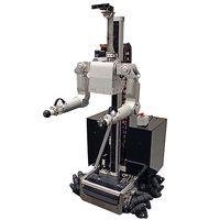 A torso with arms and a camera head is raised on a mobile platform.